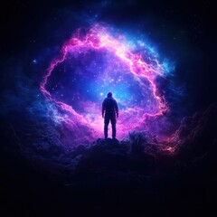 Silhouette of a man standing on a mountain, looking at a vibrant cosmic portal in the night sky.