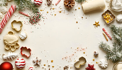 Illustration of a flat lay showcasing a holiday baking setup with cookie cutters, dough, and sprinkles, viewed from above with space for text
