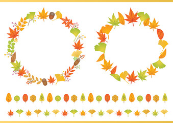 秋の紅葉した植物の円形フレームとラインのセット