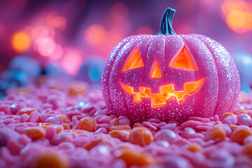 A Halloween-themed pumpkin made entirely of candies, set against a background filled with various colorful sweets. The festive and vibrant scene captures the spirit of Halloween