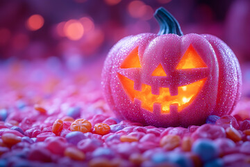 A Halloween-themed pumpkin made entirely of candies, set against a background filled with various colorful sweets. The festive and vibrant scene captures the spirit of Halloween