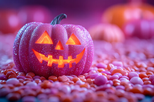 A Halloween-themed pumpkin made entirely of candies, set against a background filled with various colorful sweets. The festive and vibrant scene captures the spirit of Halloween