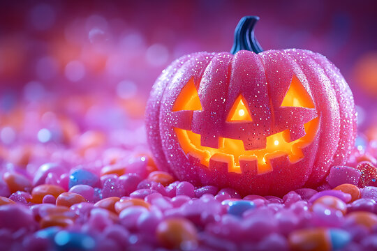 A Halloween-themed pumpkin made entirely of candies, set against a background filled with various colorful sweets. The festive and vibrant scene captures the spirit of Halloween