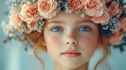 a closeup portrait of a young girl with an elaborate floral crown symbolizing purity and nature ideal for brands focused on natural products wellness or environmental awareness
