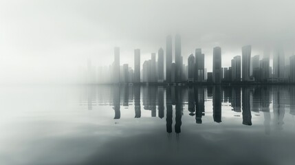 Fototapeta premium Mysterious skyline reflected in tranquil water, shrouded in mist, creating an ethereal atmosphere in urban landscape photography.