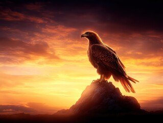 Fototapeta premium Majestic eagle perched on a rock at sunset, symbolizing freedom and strength.