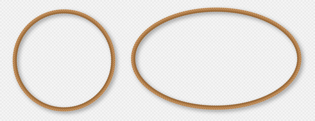 Rope frames, realistic jute cord borders, hemp twisted rope in circle and oval shapes. Vector illustration. © Likanaris
