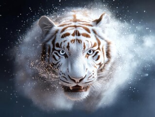 Fototapeta premium White tiger with blue eyes, bursting from a cloud of dust.