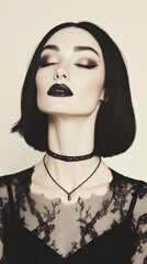 a medium shot portrait of a gothic woman with dark makeup and a black lace dress symbolizing boldness and nonconformity ideal for alternative fashion brands or products that embrace individuality