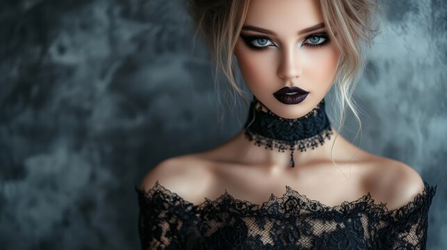 a medium shot portrait of a gothic woman with dark makeup and a black lace dress symbolizing boldness and nonconformity ideal for alternative fashion brands or products that embrace individuality
