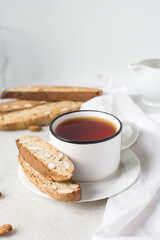 almond biscotti on a white plate, almond cantucci cookies on a white plate, biscotti cookies or...