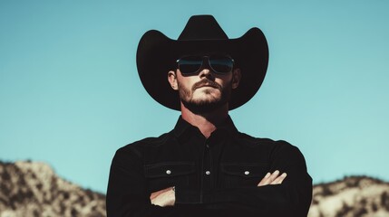 a medium shot portrait of a rugged cowboy standing in a desert landscape symbolizing freedom and adventure perfect for brands promoting outdoor lifestyle ruggedness and exploration