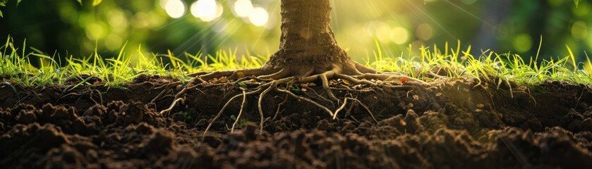 Fototapeta premium A close-up view of a tree root emerging from the soil, surrounded by lush green grass and dappled sunlight.