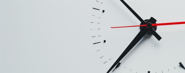 A close-up of a modern clock with black and red features, showcasing its minimalist design and precise time indication.
