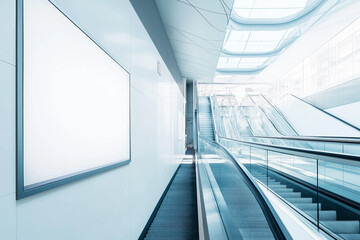 Fototapeta premium Interior of a modern escalator in a bright, spacious environment with clean lines and abundant natural light, emphasizing futuristic design.