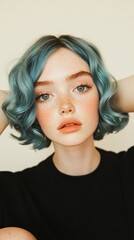 Naklejka premium a medium shot portrait of a young woman with vibrant blue hair dressed in eclectic streetwear symbolizing creativity and individuality ideal for brands targeting youth culture and selfexpression