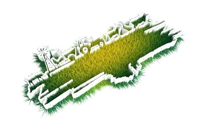 Naklejka premium Brush stroke with agricultural icons. Background for eco products. Green fresh spring grass. Ecology concept. Natural background texture. 3D render