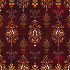 Elegant Maroon Pattern with Gold and Orange Floral Motifs