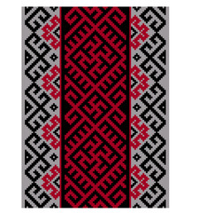 A striking geometric pattern in red, black, and gray featuring intricate diamond shapes and pixelated designs, creating a strong visual contrast.
