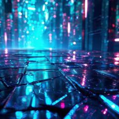 The image shows a vibrant nightclub scene with bright, colorful disco and stage lights illuminating the room A laser show beams across the dance floor, where people are dancing and enjoying the music 