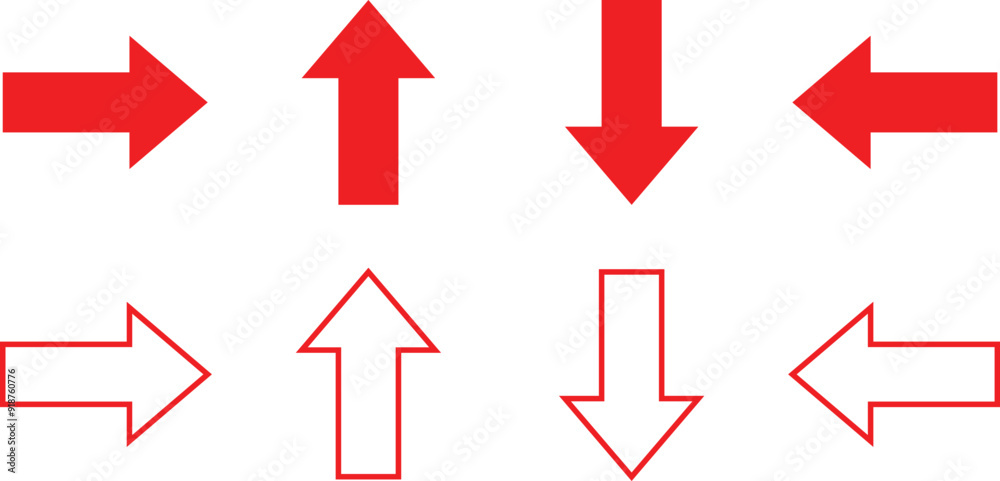 Poster set of red arrow direction symbol. stroke outline red arrow direction symbol vector illustration.