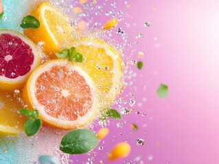 Fresh citrus fruits with water splashes, pink background.