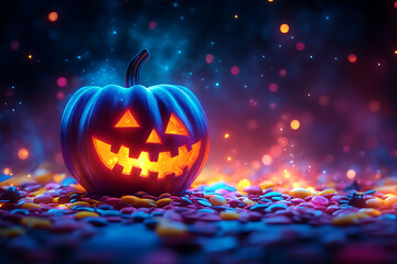 bright and colorful Halloween pumpkin and Trick or treat illustration, wallpaper or poster