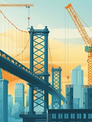 Fototapeta premium Engineering, bridge construction plans, flat design illustration