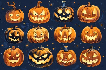 A collection of Halloween pumpkins with various scary expressions