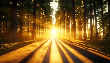 A serene forest path bathed in golden sunlight, creating a peaceful and inviting atmosphere for nature lovers.