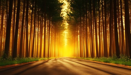 Obraz premium A serene forest path illuminated by golden sunlight, creating a tranquil and inviting atmosphere for nature lovers.