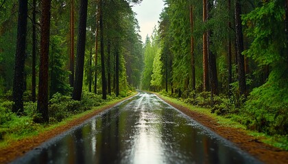 Obraz premium A serene forest road after rain, surrounded by lush green trees, creating a tranquil and rejuvenating atmosphere.