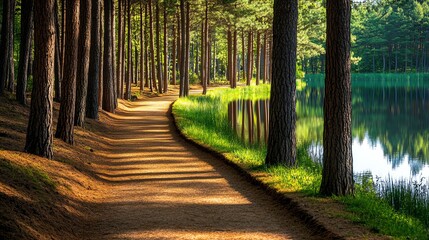 A serene pathway lined with tall trees and a reflective lake, inviting tranquility and a connection with nature.