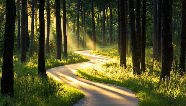 A serene pathway winding through a sunlit forest, surrounded by lush greenery and dappled light filtering through tall trees.
