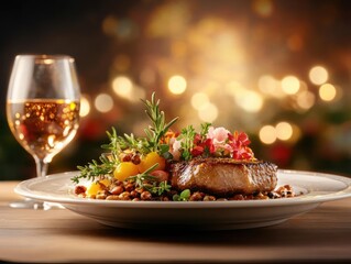 Steak dinner with wine and festive lights