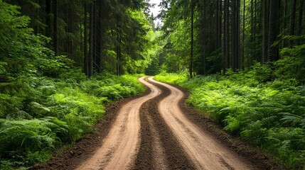A tranquil winding dirt road surrounded by lush green trees and ferns, perfect for nature lovers and outdoor enthusiasts.