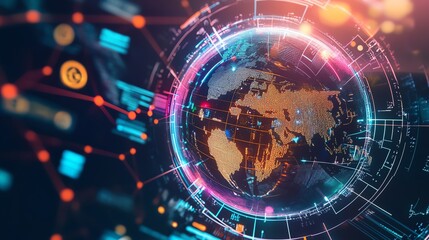 Obraz premium Abstract representation of a digital globe with vibrant colors and data points, symbolizing global connectivity and technology.