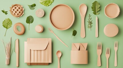 Eco-friendly tableware and utensils arranged artistically on a green background, promoting sustainability and minimalism.