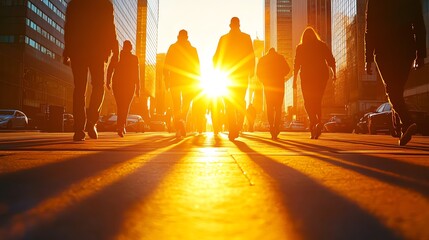 Silhouettes of people walking in a city at sunset, casting long shadows on the ground, symbolizing urban life and movement.