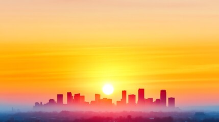 Fototapeta premium Stunning sunset over a city skyline, creating a vibrant blend of colors with silhouettes of buildings against the horizon.