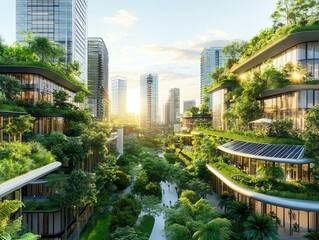 Fototapeta premium This vibrant urban scene showcases modern architecture integrated with nature, featuring green terraces and lush landscaping at sunset.