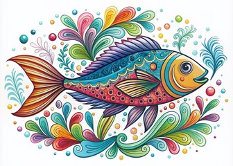 Obraz premium Vibrant, hand-drawn design featuring whimsical fish and flowing lettering on a white background, evoking a sense of serenity and endless joy, perfect for print-on-demand products.