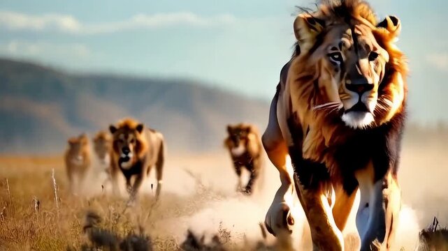 Majestic Lion Pride Charging Across African Savanna at Sunrise