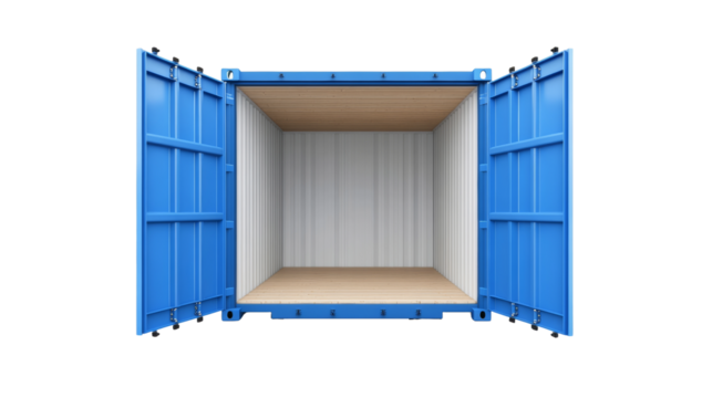 Cargo container open with door on transparent background. empty freight container for shipping and delivery concept.