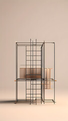 A minimalist 3D rendering of a wireframe structure composed of lines and planes, set against a neutral background, emphasizing simplicity and elegance.