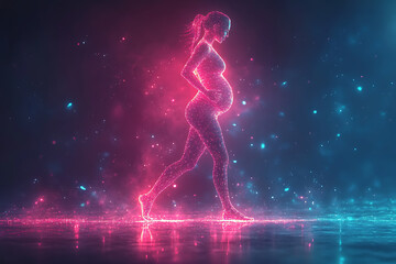 A pregnant woman doing exercises blend geometric lines and shapes and glowing dots, with geometric lines and glowing dot
