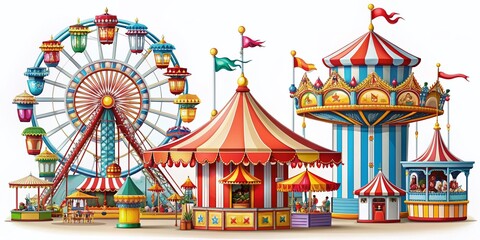 Vibrant collection of isolated funfair elements, featuring a Ferris wheel, colorful carousel, food stall, signboard, circus tent, and ticket booth, perfect for festive backgrounds.