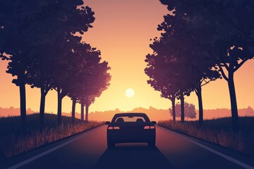 Silhouettes of trees lining the road. A car driving into the sunset, cozy vibe, Generative AI 
