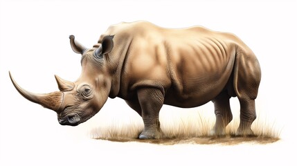 Obraz premium White Rhino in the Grass: A majestic white rhinoceros stands proudly on a patch of brown grass, its powerful form and distinctive horn capturing the essence of this endangered species. 