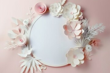 Naklejka premium Minimalistic top view of empty circle frame adorned with cherry blossom flowers on a soft pink background, creating an elegant and serene flat lay composition.